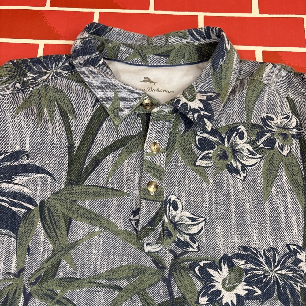 Tommy Bahama Polo Shirt Mens L Blue Floral Tropical Stretch Short Sleeve Peru